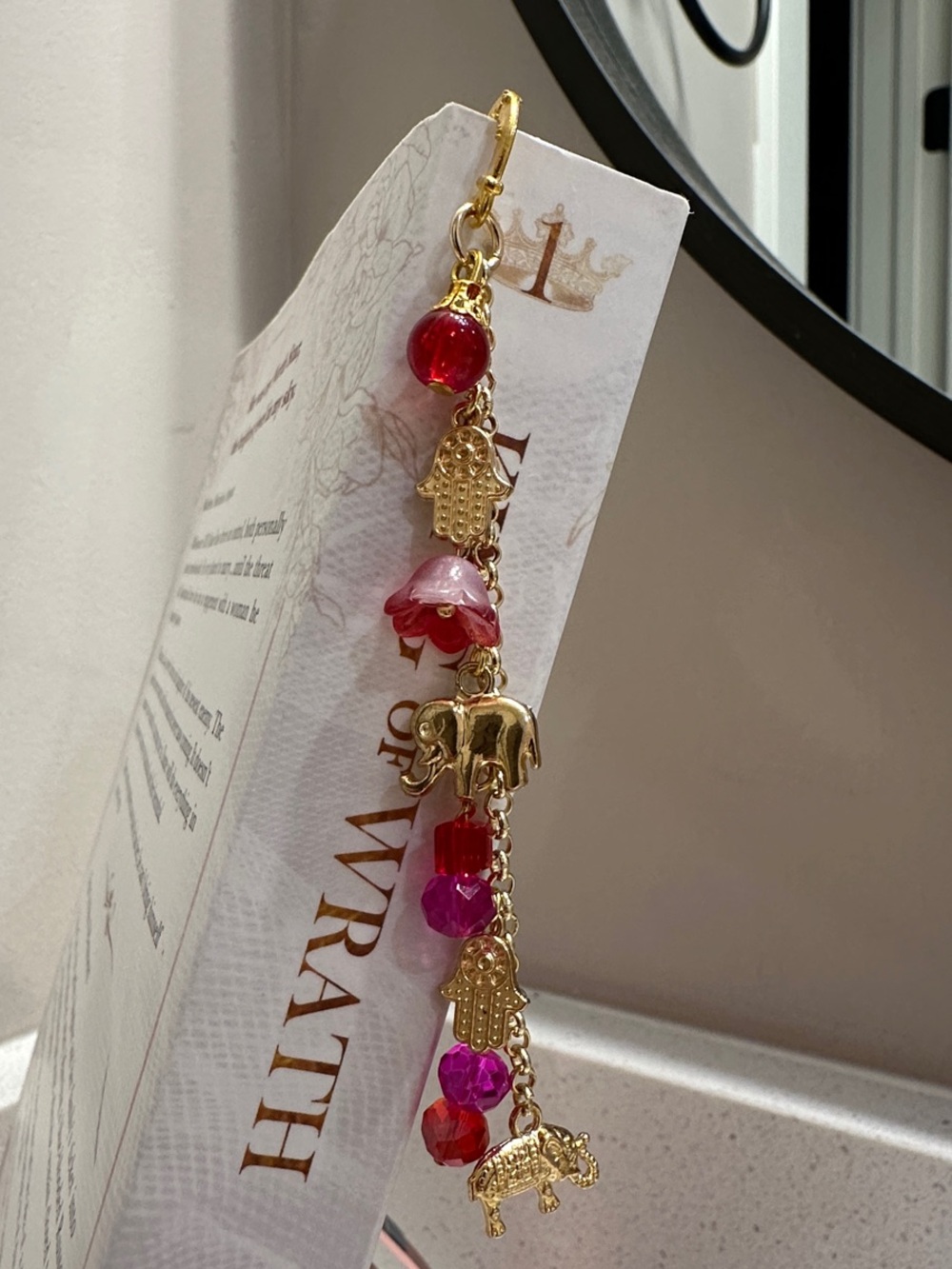 Gold Elephant Charm Bookmark with Red and Pink Beads